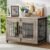 Dog Crate Furniture with Cushion, Wooden Dog Kennel with Double Doors, Heavy Duty Dog Cage End Table with Wheels, Dog House Indoor for Small Medium Dogs up to 45 lb, 32.5” L, Grey